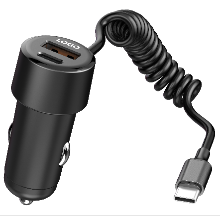 2025 LX Marca de puertos duales 1 USB A 2 USB C con cable de resorte USB C y cable de iluminación Cargador de automóviles de carga rápida