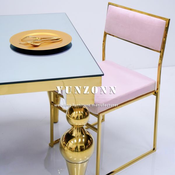 Gold Stainless Steel Frame Mirror Glass Top Wedding Table 10 People Wedding Table