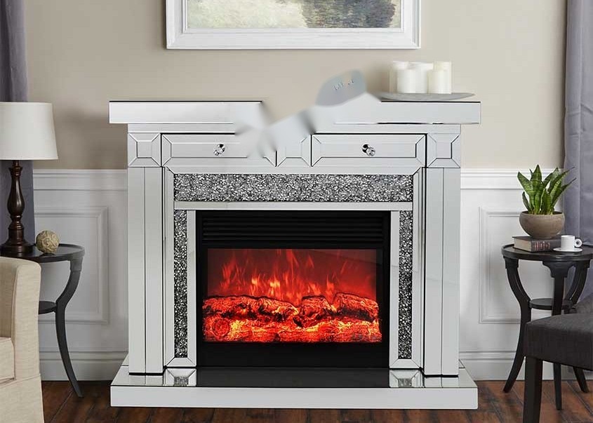 Mirrored Design Electric Fireplace TV Stand with Crushed Diamond Accents and Customizable Color