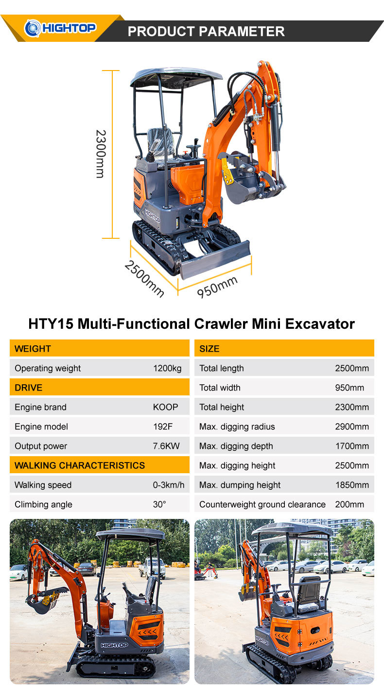 HTY15 1.5 Ton Compact Crawler Mini Excavator with Hydraulic Joystick Control