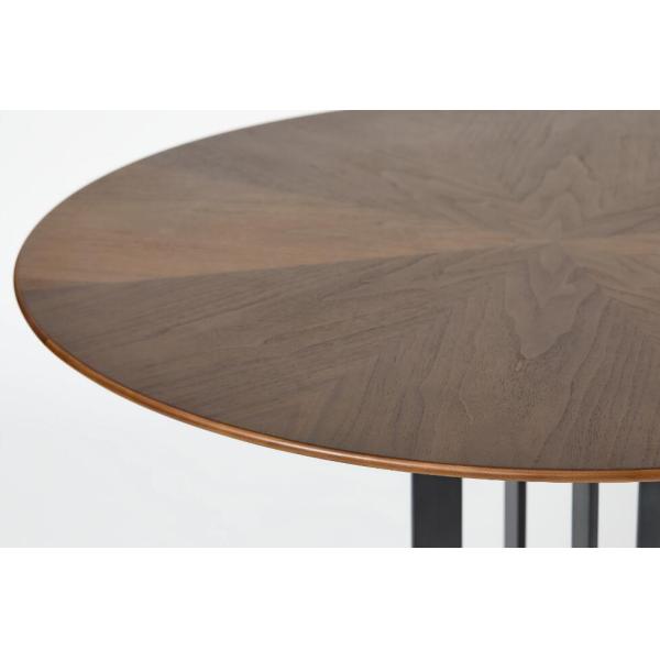 Walnut Wood Veneer Top Round Dining Room Table With Black Metal Base