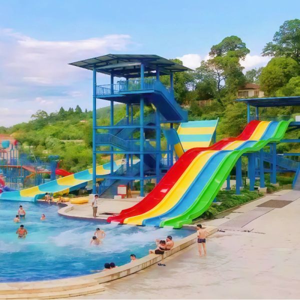 Curved Rainbow Racing Slide 3-Lane Racing Fiberglass 6-8mm For Commercial Water Parks Swimming Pools All Ages