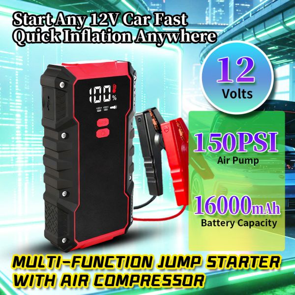 8000mAh Multi Functional Jump Starter with 150 PSI Air Compressor and LED Emergency Light for Emergency Vehicle Support