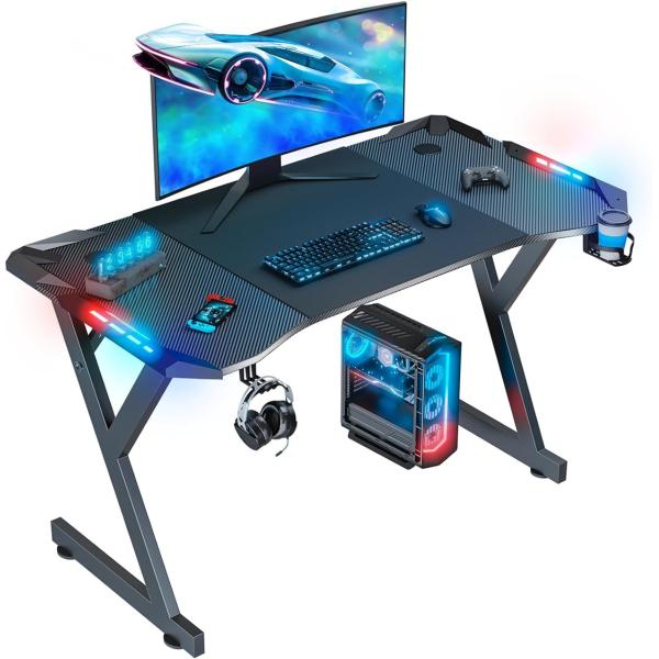 Gaming Desk With Ergonomic Design Carbon Fiber Finish LED Lights Convenient Accessories For Living Spaces Or Gamers