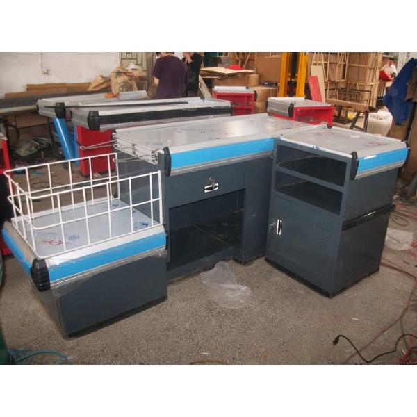 Retail Store Supermarket Checkout Counter Table Design With Metal Fence