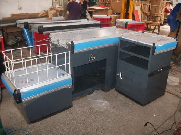 Retail Store Supermarket Checkout Counter Table Design With Metal Fence