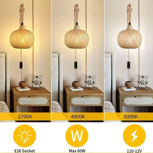 Natural Rattan Wicker Hand-Woven  Bamboo Lantern Wall Lamp with plug  (WH-VR-136)