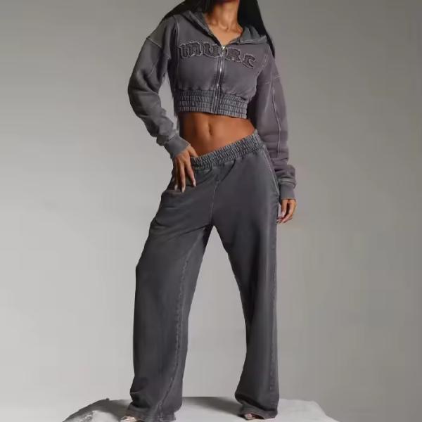 Custom Women Sweatsuit Acid Wash Zip Applique Distressed Embroidery Patch Cropped Hoodie and Sweatpants