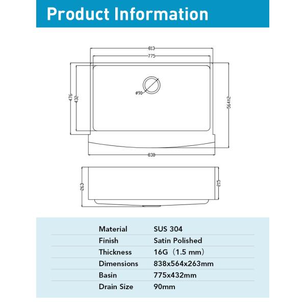 Durable Single Bowl Stainless Steel Farmhouse Sink 33 Inch With SS 304 Material