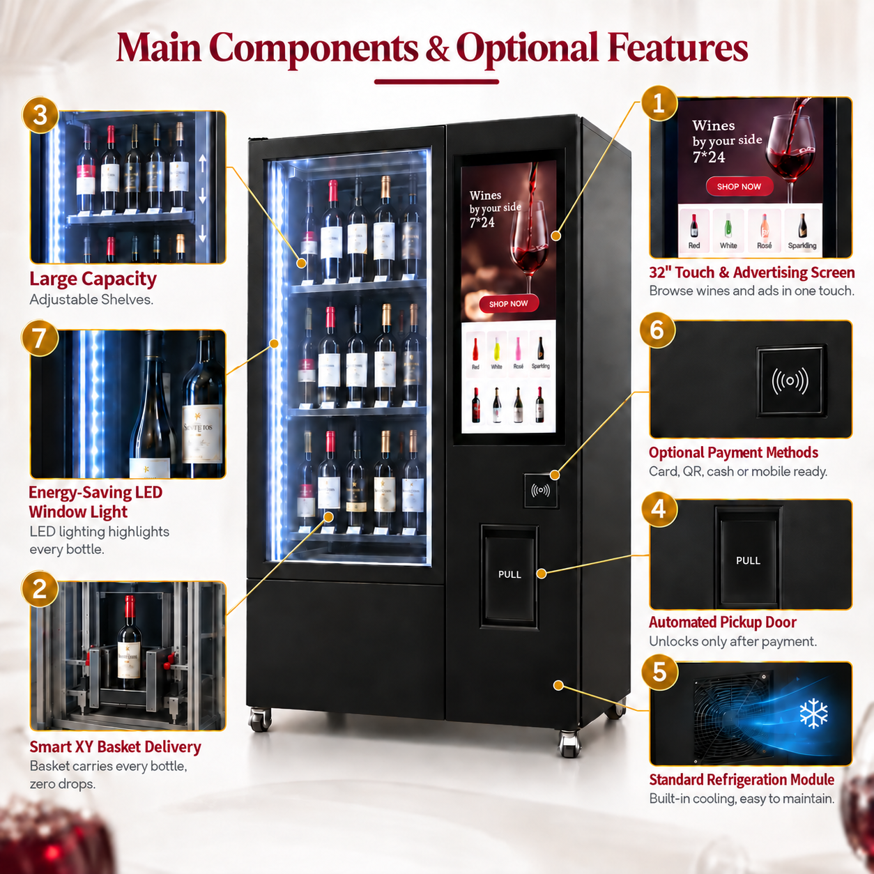 Winnsen Glass Front Display Wine Vending Machine with LED Lighted Shelves Refrigerated Cabinet