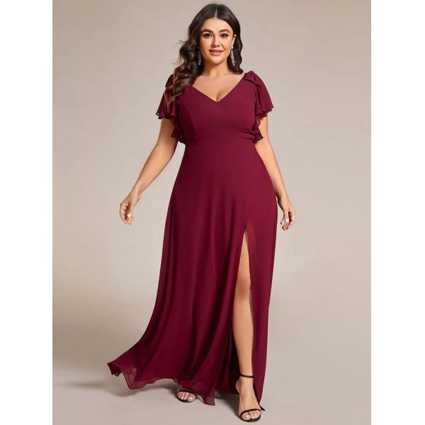 Empire Plus Size Zipper V-neck High Split A-line Short Sleeve Purple Orchid Chiffon Bridesmaid Dress With Ribbon Bow 