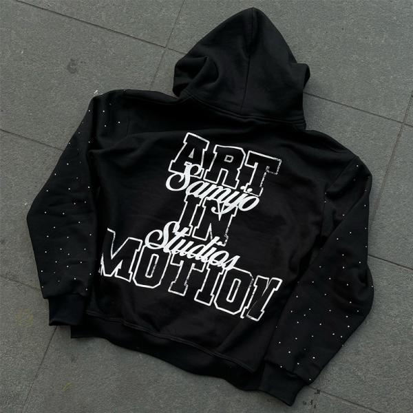 Windproof Zip Up Rhinestone Hoodie Rips Screen Print Logo Streetwear Fleece Hoodies