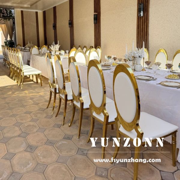 High Quality Stainless Steel Dining Chair Gold Finish Stackable Hotel Furniture Metal PU Back Wedding Banquets Outdoor Halls