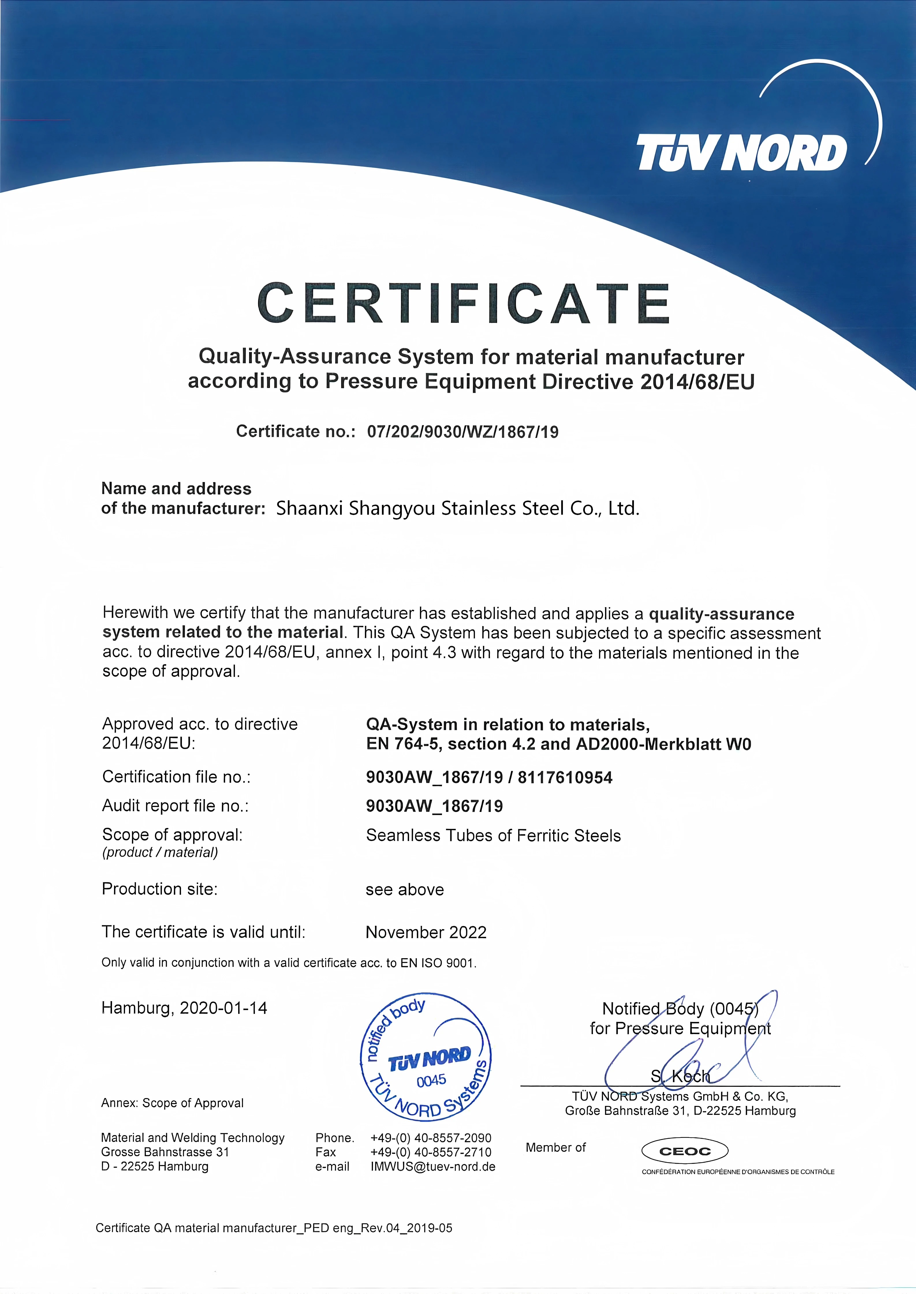 Shaanxi Shangyou Stainless Steel Co., Ltd. Certifications