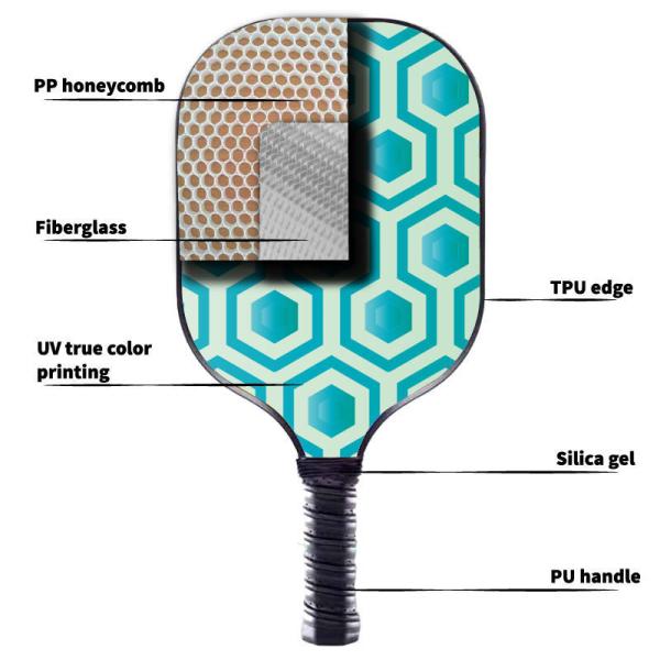 Raquette de pickleball en fibre de verre à rebond élevé avec noyau de nid d'abeille en PP et impression en couleur