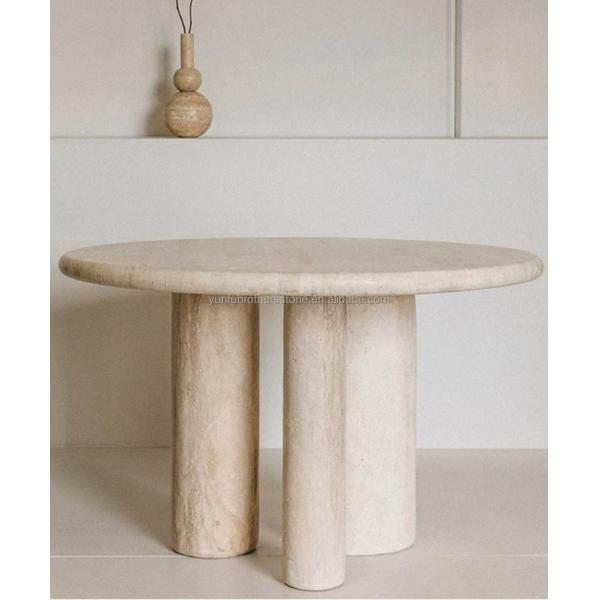 Polished Beige Round Travertine Dining Table Modern Stone Furniture for Living Room