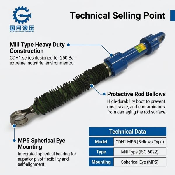 CDH Mill Type Hydraulic Cylinder with Protective Bellows Dust Boot Double Spherical Eye Mount MP5 for Cement & Steel Plant
