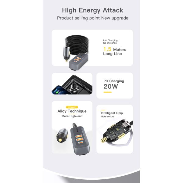 Cargador de automóvil para automóviles Essager 2022 Doution 1.5m Cable de extensión 2C2A Cargador de automóviles de 100W Para teléfono móvil Huawei Xiaomi