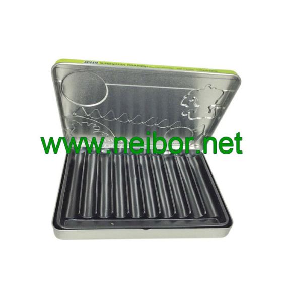 10pcs wax crayons packaging tin box with plastic tray and hinged lid