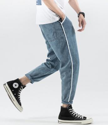 Pequenos fabricantes de roupas moq 11Z a 130Z Tecido Calças Masculinas Azul Claro Calças Cortadas Com Bolsos