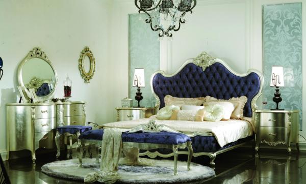 Custom European style palace solid wood carving fabric double bed French style villa bedroom furniture