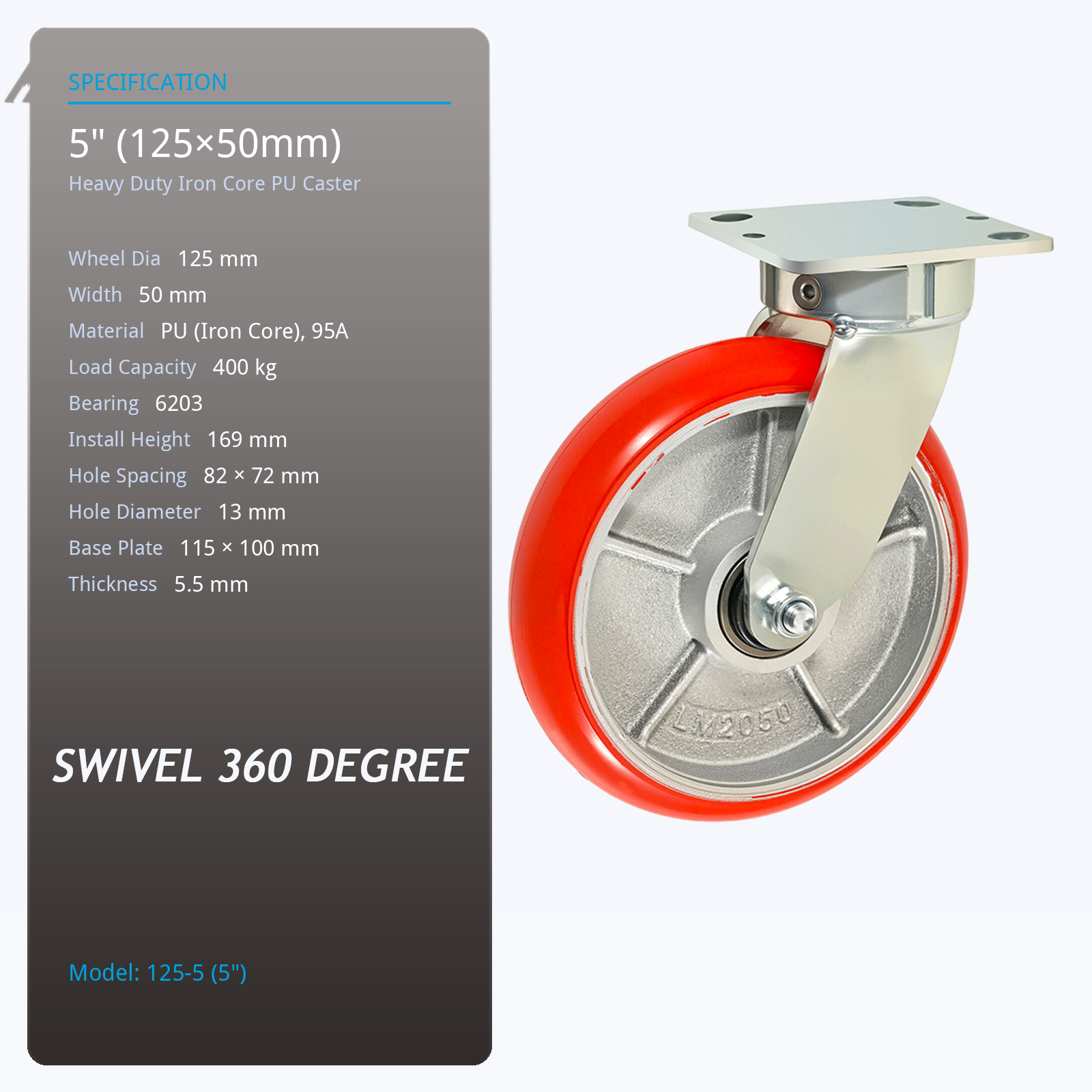 125 Mm 5 Iron Core Polyurethane Shore 95a Galvanized 5.5 Mm Bracket Without Spring  Conveyor Support Trolleys