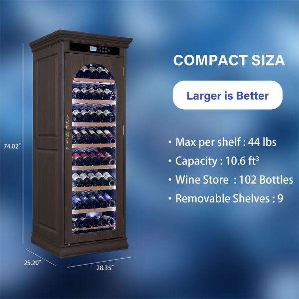 Dark Brown Solid Wood Freestanding Wine Cooler Cabinet with Arched Glass Door and Digital Control Panel