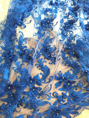3D Rhinestone Beaded Tulle Fabric , Embroidered Royal Blue Lace Fabric For Bridal Gown