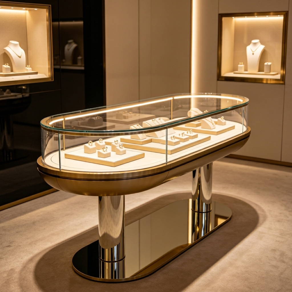 Curved Glass Jewelry Display Case with LED Lighting and Customizable Design for High-End Luxury Jewelry