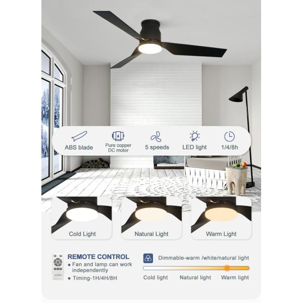 Fabricação Ventilador de baixo perfil Ventilador de tecto LED apagável com lâmina ABS Preto