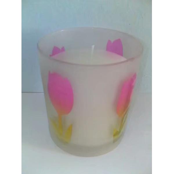Home decor unscented glass candle printed by  pink butterfly and flower decoration