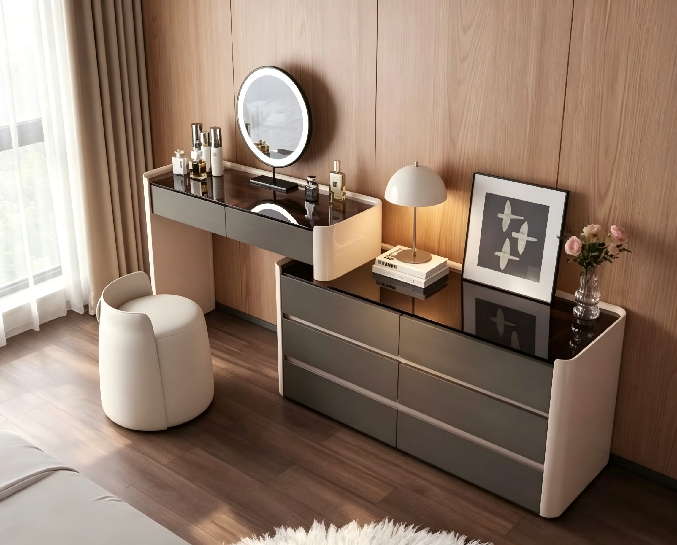 Modern Extendable Vanity Desk With Dresser Combo Apartment Furniture