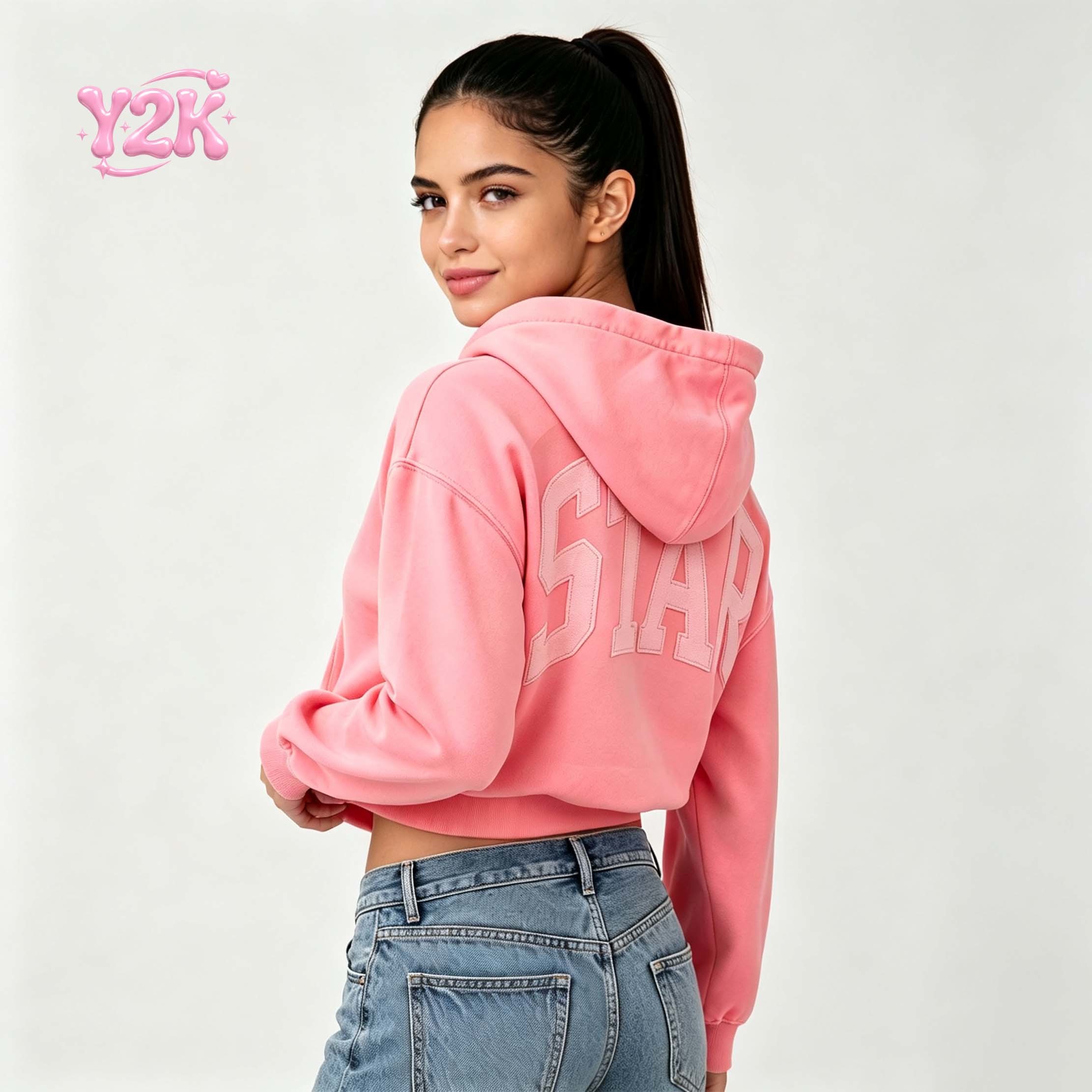Women's Pink Y2K Oversized Cropped Hoodie Sweatshirt Top
