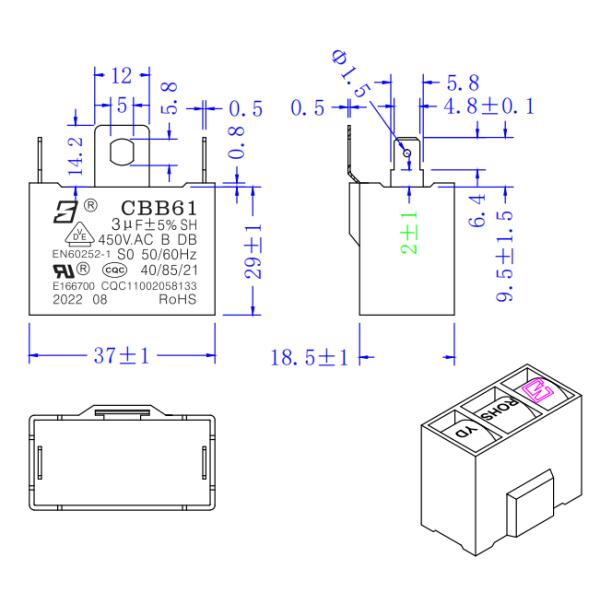 Моторный конденсатор CBB61 450V 3.0UF Стартовый конденсатор RoHS 3000 Hours S0 Конденсатор вентилятора