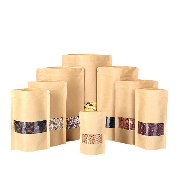 High Quality Three Side Seal Flat Kraft Paper Bags With Clear Window Plastic Lined Zip Lock Food Storage Packaging Bag