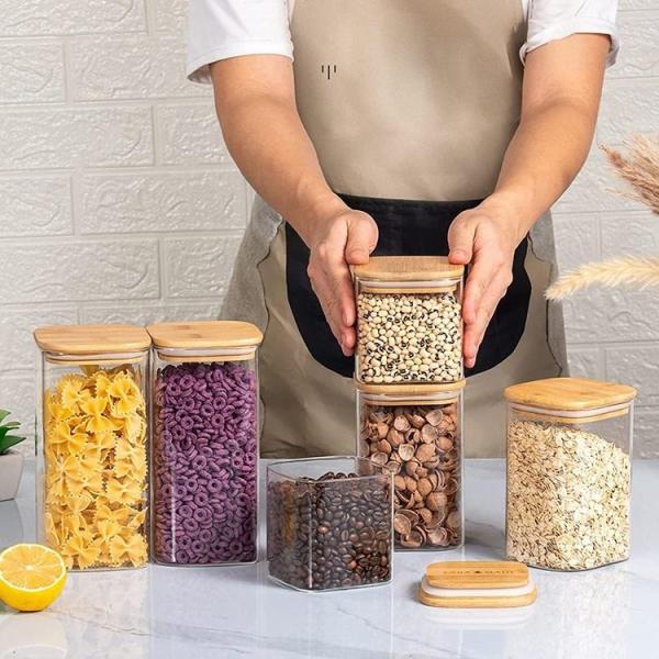 Stripe Borosilicate Glass Jar with Acacia Wood Screw Lid