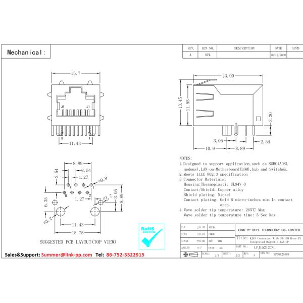 PTC11XX-09D Magnetic Ethernet Rj45 Jack LPJ15212CNL Complex Set Top Boxes