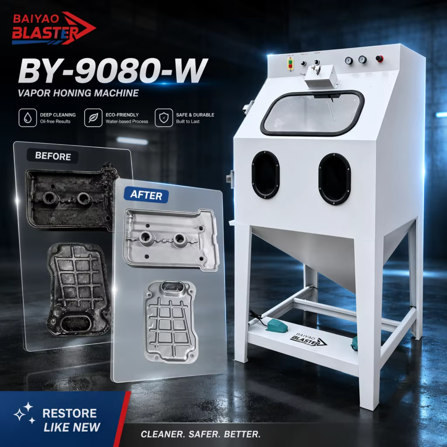 BY-9080-W Vapor Honing Machine for Engine Restoration, Dustless Aqua Blast Cabinet, Aluminum Degreasing Slurry Blaster Equipment