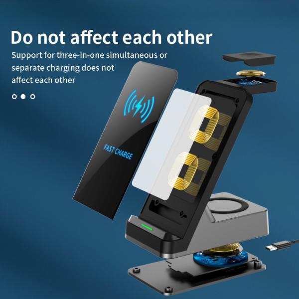 3 In1 Fast Qi Wireless Charger Holder 15w Magnetic Charger for Mobile Phone Iwatch Custom Led Logo and 5V/2A Output