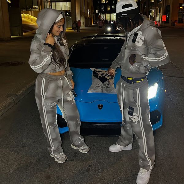 Custom logo Sweat Suit Unisex Applique Embroidery Acid Wash Hiphop Sweatsuit Zipper up Boxy Hoodie and Stripe Sweatpants Set
