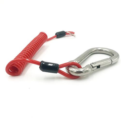 Stainless Wire Reinforced Red Coil Tool Lanyard With Karabiner And Split Ring