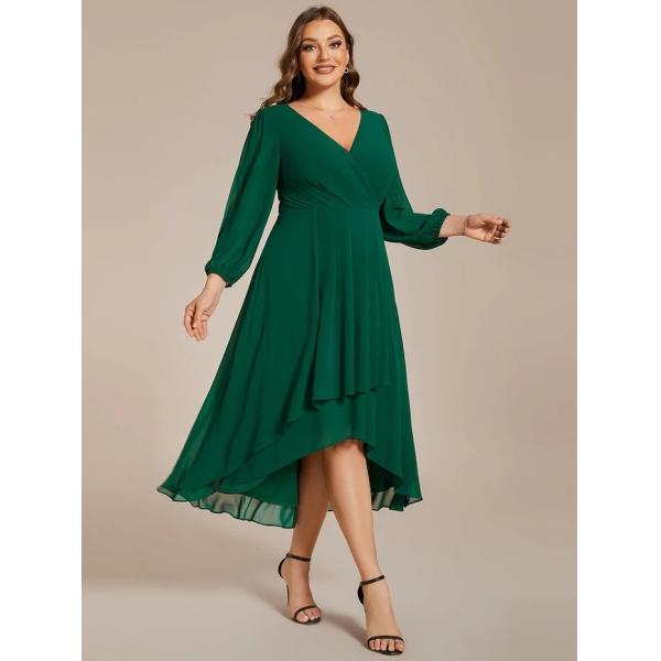 Elegant Empire Long Sleeve V-neck High Low A-line Ruffled Midi Dark Green Chiffon Wedding Guest Evening Dress