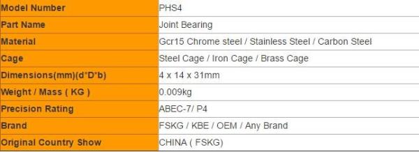Female Thread PHS4 PHS5 PHS6 Joint Ball Bearings Heim Joint High Speed High Temperature