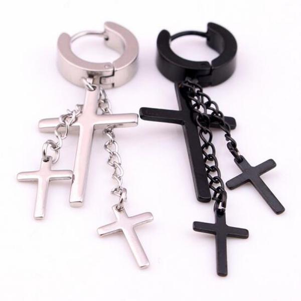 Punk Stainless Steel Stud Earring Men Cross Earring Fashion Tassels Crosses Body Piercing Jewelry Black