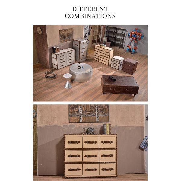 Nidea #8611 American Vintage Style Handmade Leather Red Wine  Bar Side Table Storage Cabinet 9 Drawers for Hotels Home Furniture