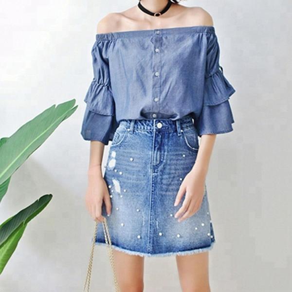 Women Charming Denim Skirts With Pearls ，Blue Jean Skirts For Ladies