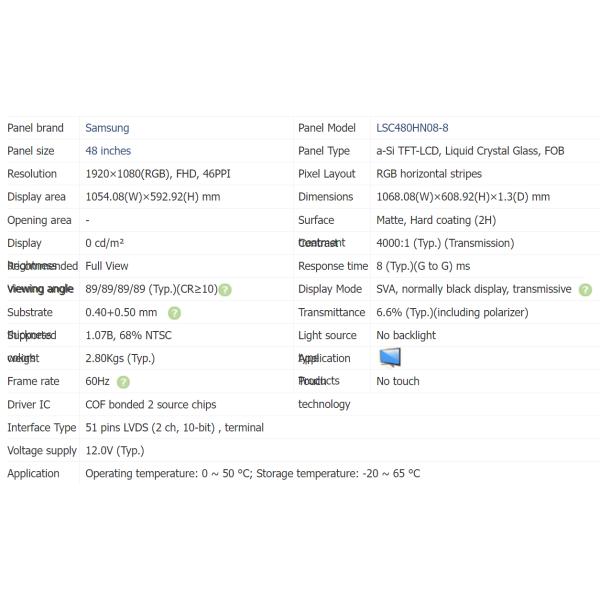 Full HD Lcd Panel Tv Samsung LSC480HN08 Open Cell TV Screen Display Panel