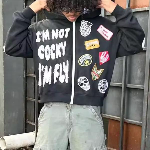 Custom Zip Up Heavyweight Cotton Terry Hoodie with Box Fit and Distressed Patch Embroidery Seasonal Essential