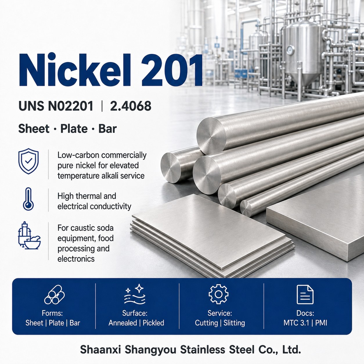 Nickel 201 | UNS N02201 | 2.4068 | Commercially Pure Nickel (Low Carbon)