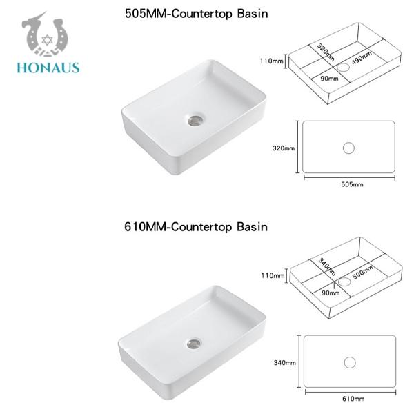 Elegant White Bathroom Countertop Basin Rectangle Simple Design 610×340×110mm